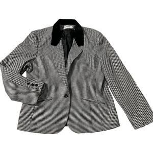 Vintage Blazer Womens L Black White Houndstooth Velvet Collar Preppy Jacket USA